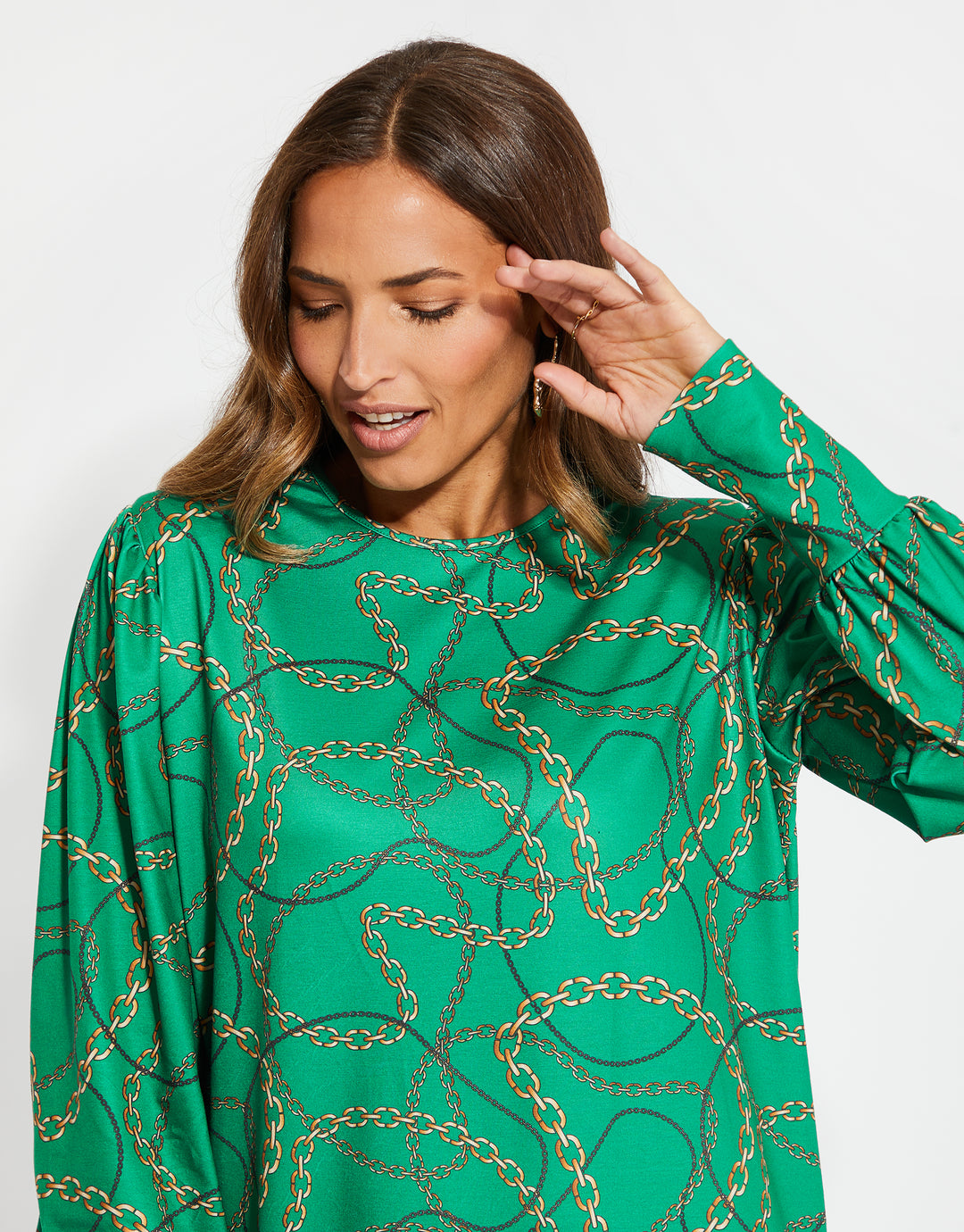 Green Chain Print Jersey Mini Dress