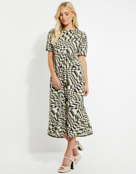 Women's Green Chequerboard Retro Smock Jersey Ladies' Midi Dress ...