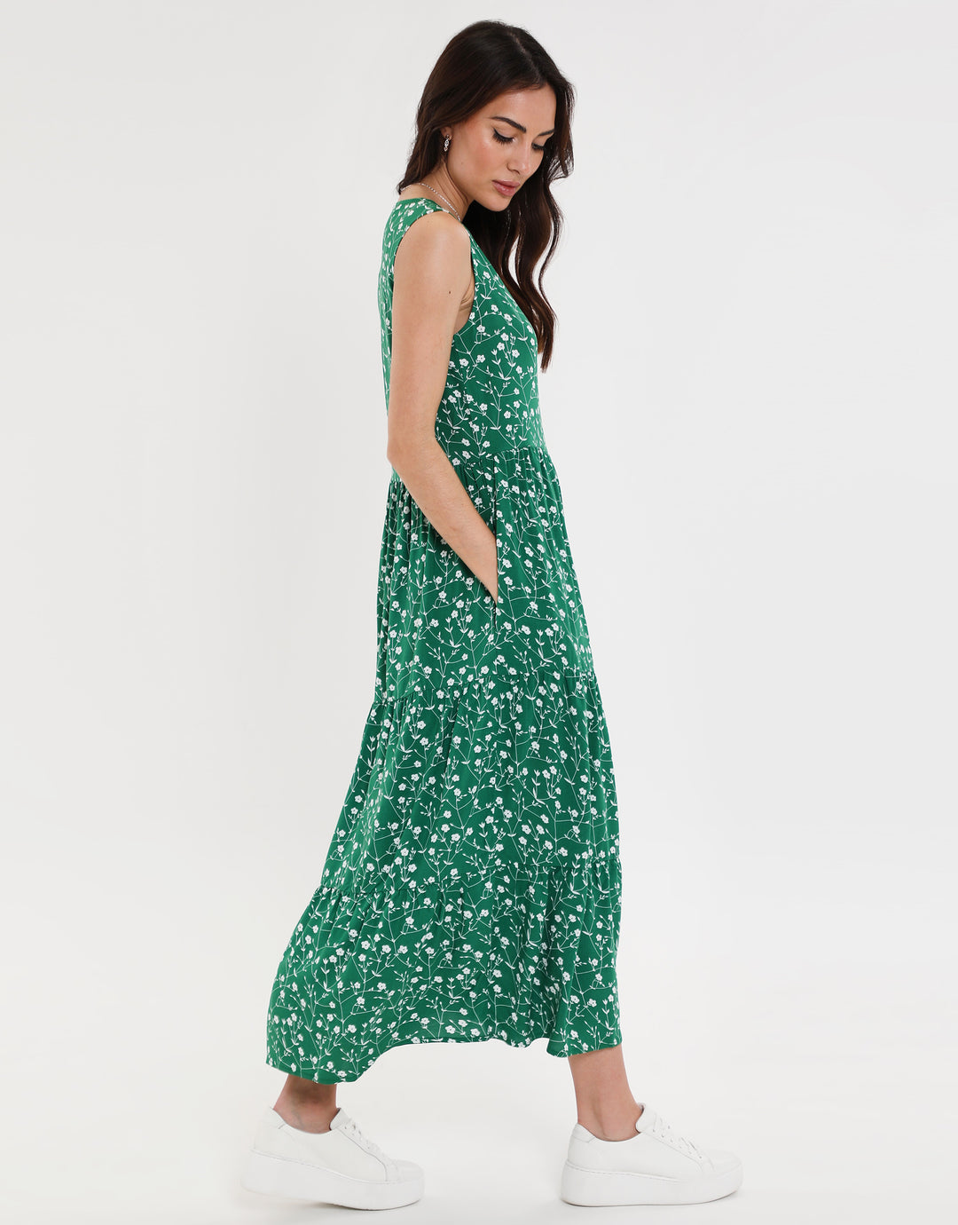 Green Ditsy Floral Print Tiered V-Neck Midi Dress