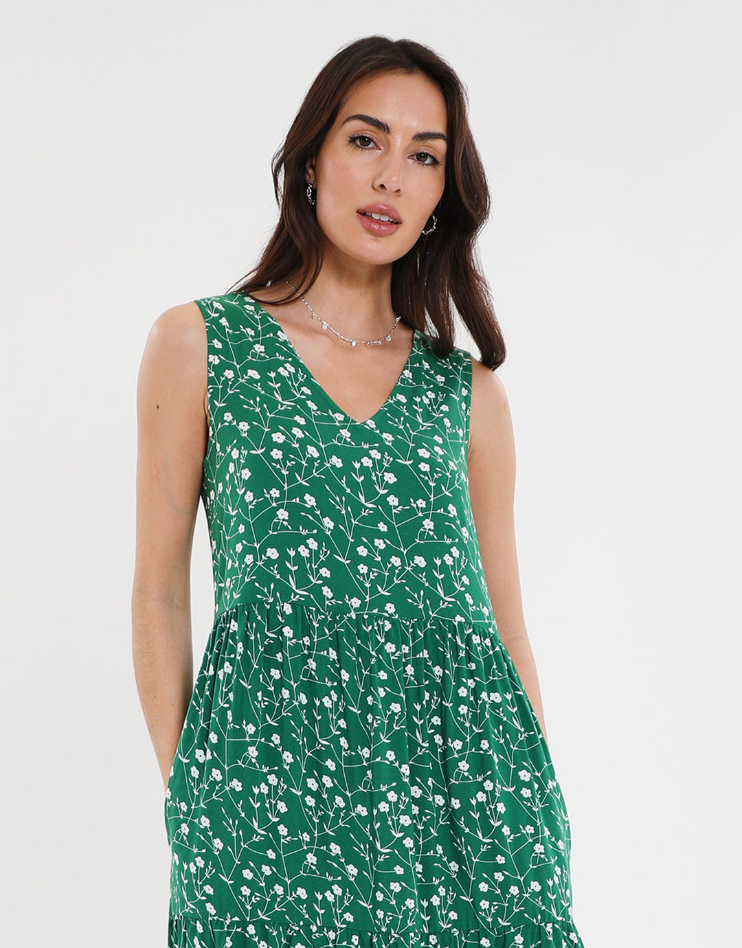 Green Ditsy Floral Print Tiered V-Neck Midi Dress
