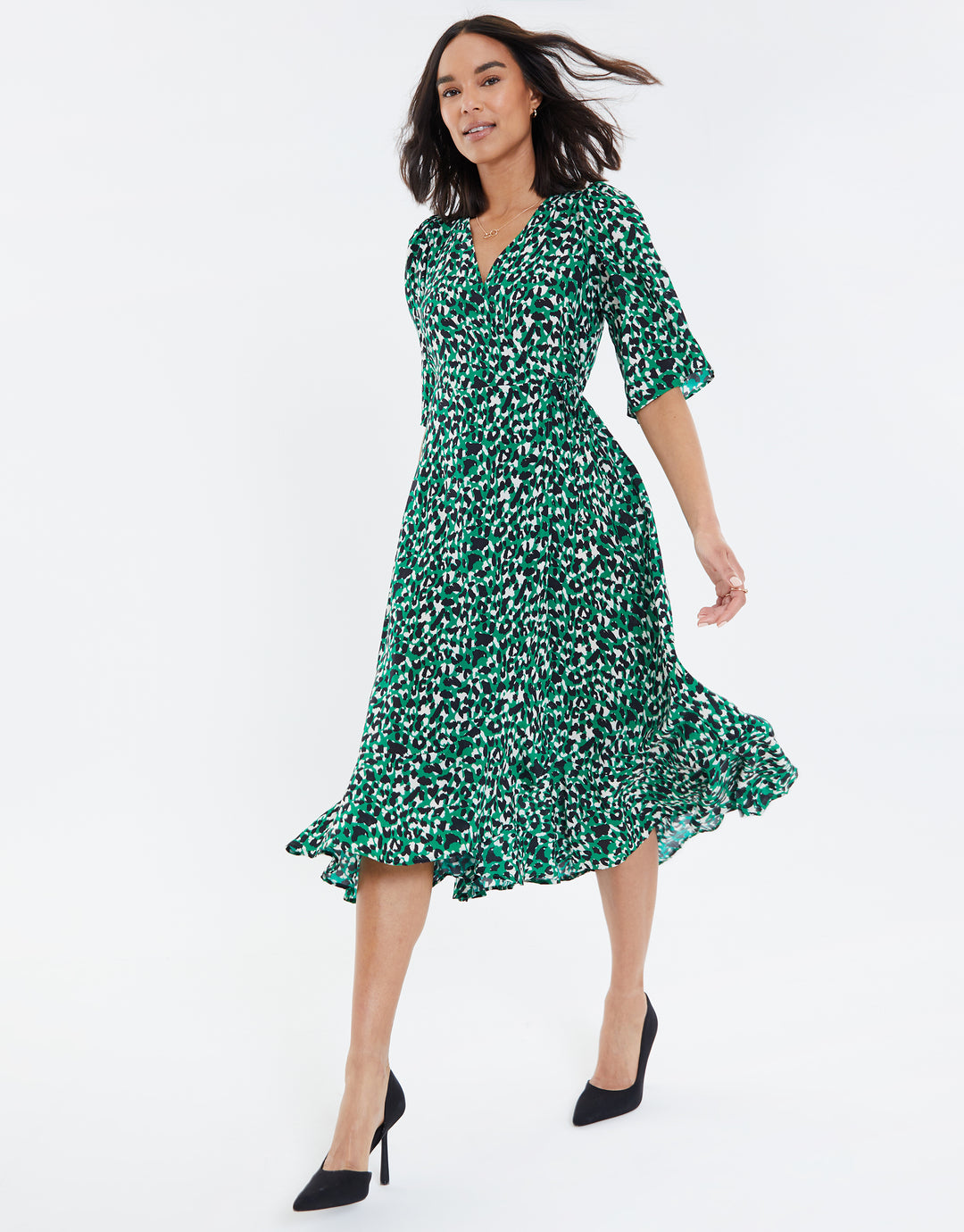 Threadbare Women's Green Leopard Print Frill Hem Ladies' Midi Wrap Dress Threadbare Women's Green Leopard Print Frill Hem Ladies' Midi Wrap Dress