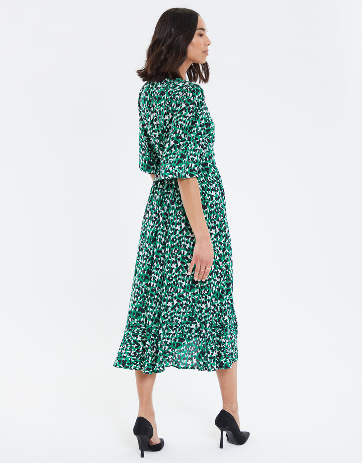 Green Leopard Print Midi Wrap Dress