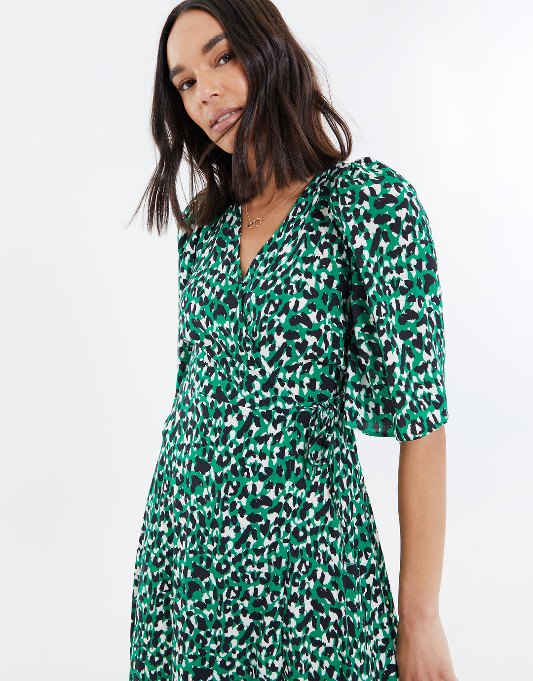 Threadbare Women's Green Leopard Print Frill Hem Ladies' Midi Wrap Dress Threadbare Women's Green Leopard Print Frill Hem Ladies' Midi Wrap Dress