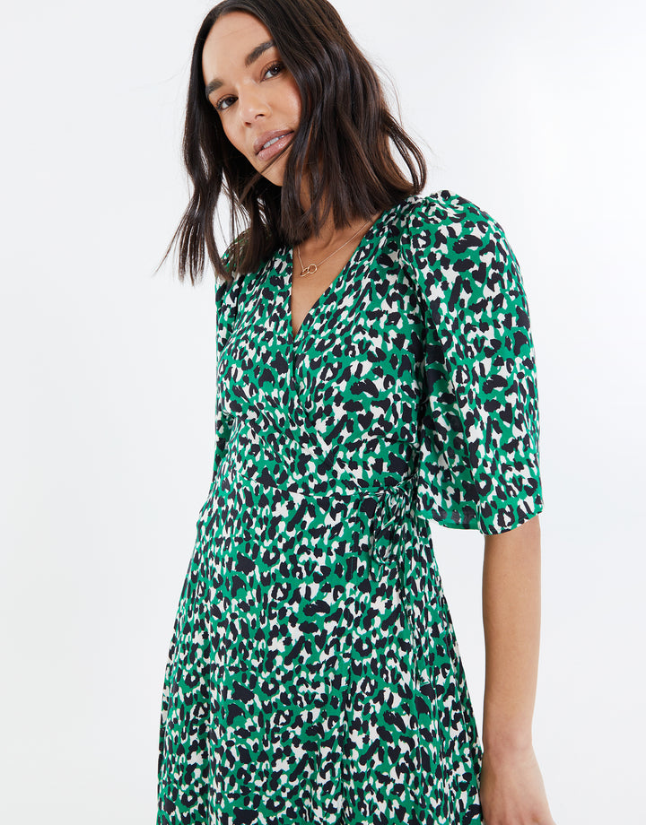 Green Leopard Print Midi Wrap Dress