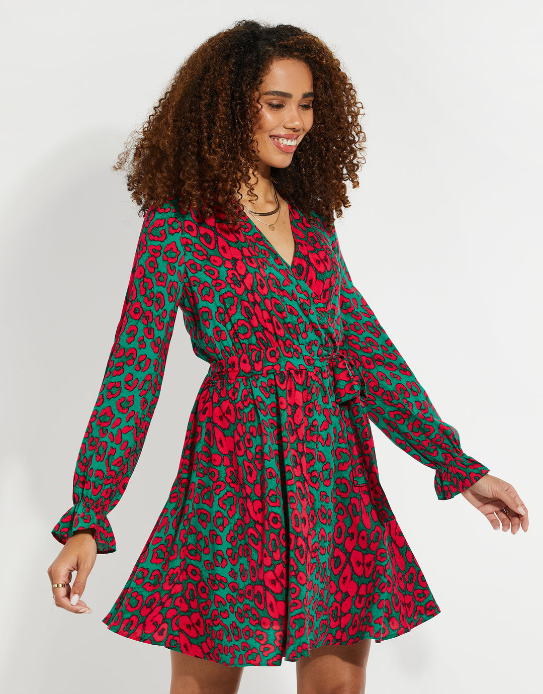 Threadbare Women's Green Leopard Print Mini Peplum Frill Ladies' Wrap Dress Threadbare Women's Green Leopard Print Mini Peplum Frill Ladies' Wrap Dress