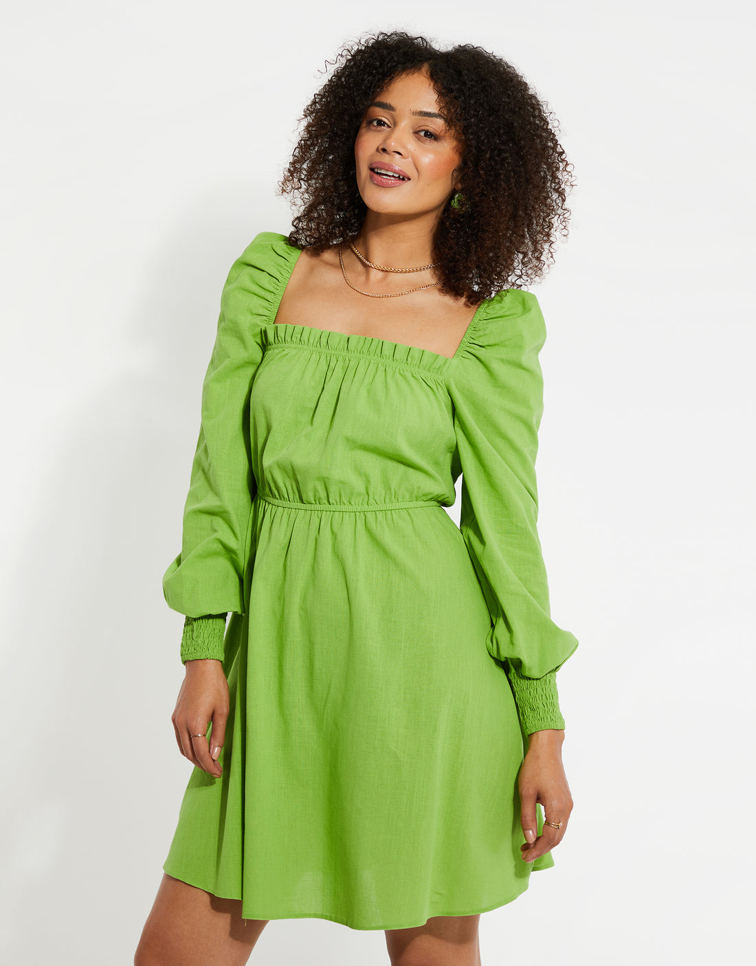 Women's Green Linen Look Ruched A-Line Mini Dress – Threadbare