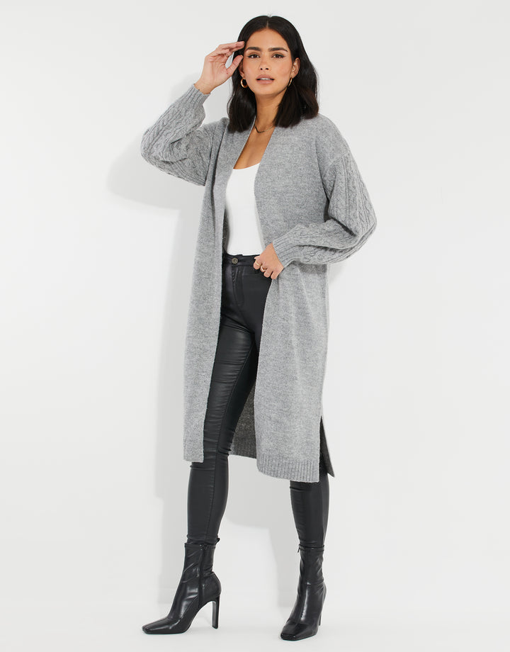 Grey Longline Cable Knit Cardigan