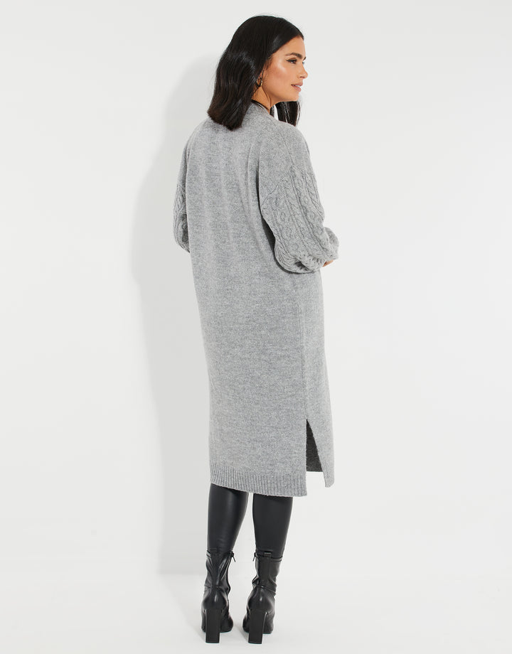 Grey Longline Cable Knit Cardigan