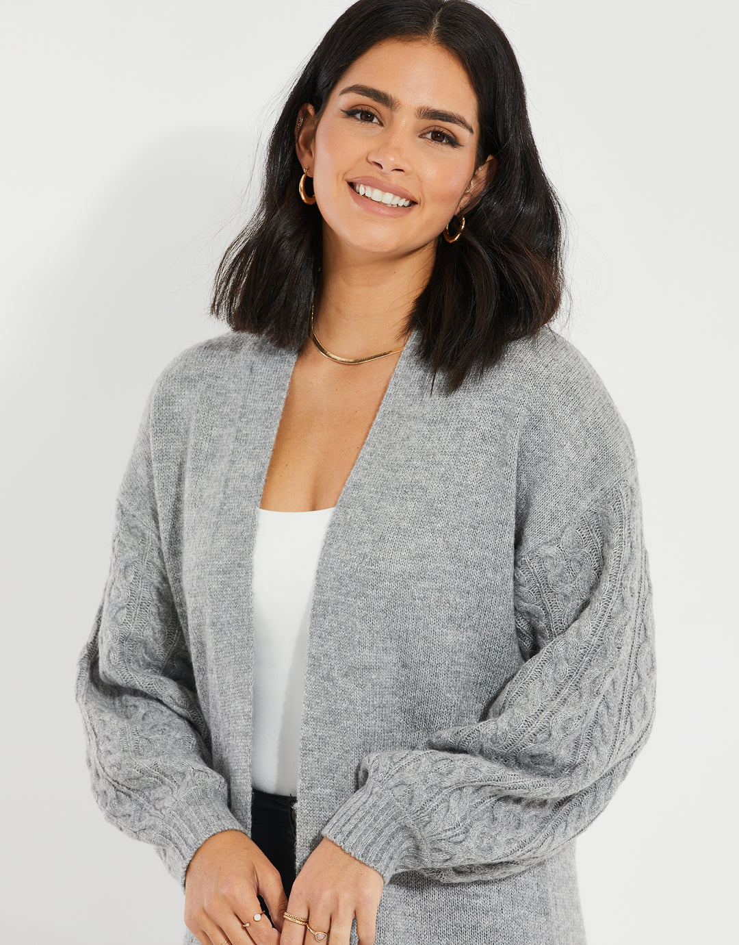 Grey Longline Cable Knit Cardigan