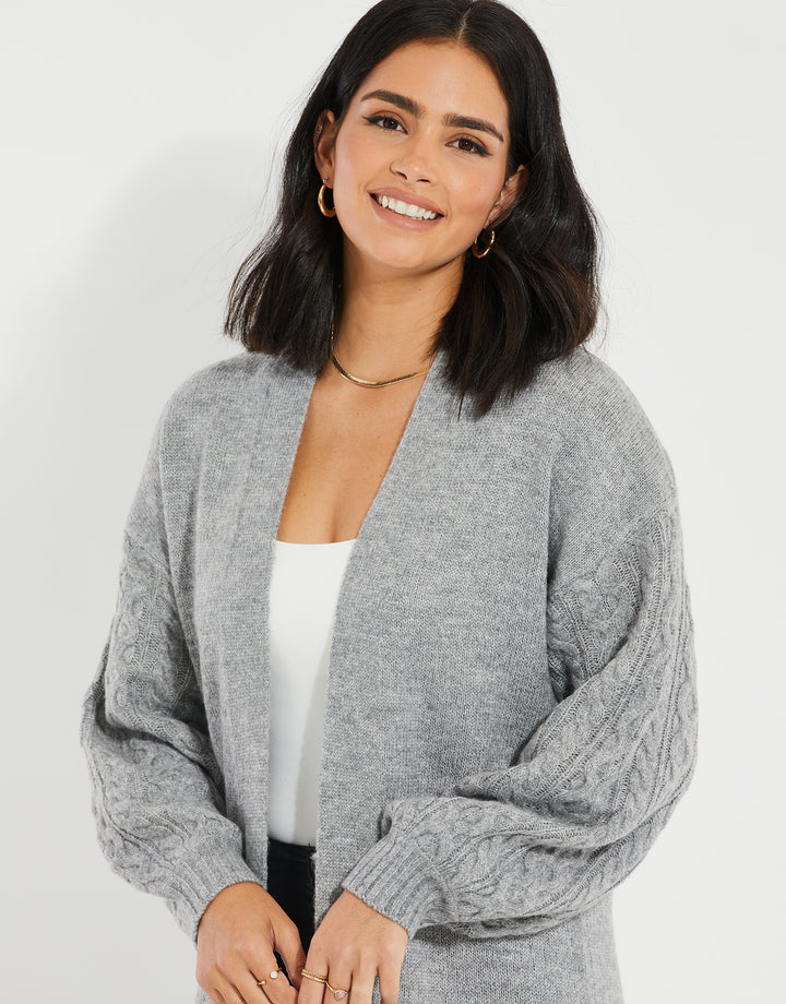 Grey Longline Cable Knit Cardigan