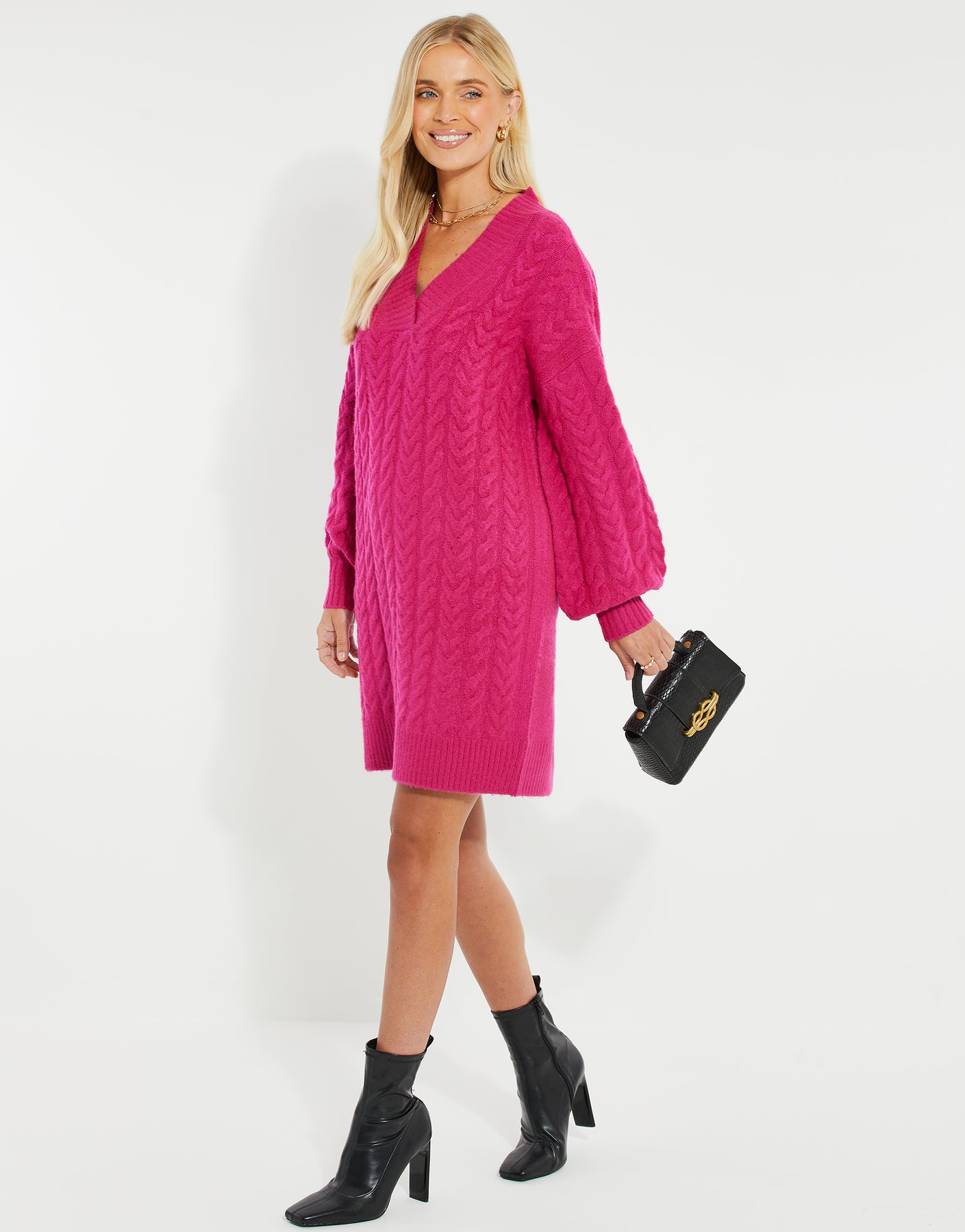 Threadbare Women's Hot Pink Mid Length Balloon Sleeve Cable Knit Ladies' Jumper Dress Threadbare Women's Hot Pink Mid Length Balloon Sleeve Cable Knit Ladies' Jumper Dress