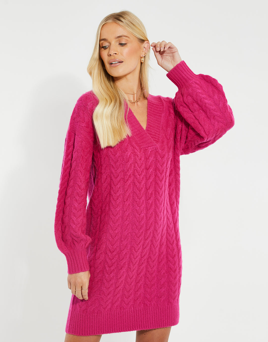 Threadbare Women's Hot Pink Mid Length Balloon Sleeve Cable Knit Ladies' Jumper Dress Threadbare Women's Hot Pink Mid Length Balloon Sleeve Cable Knit Ladies' Jumper Dress