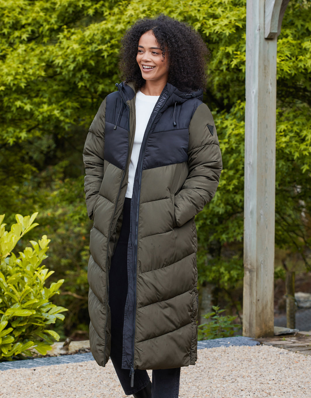 Khaki Coat Ladies Padded Coat With Hood Cautley Womens Long Padded