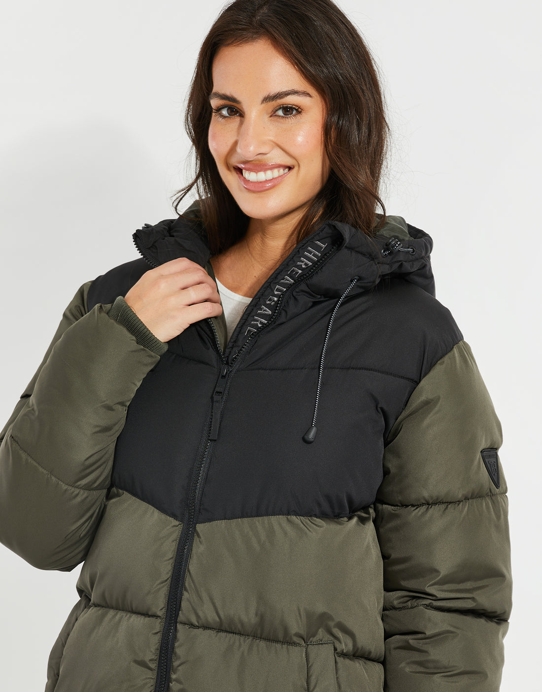 Women's Khaki Green Colourblock Padded Hooded Ladies' Family Longline
