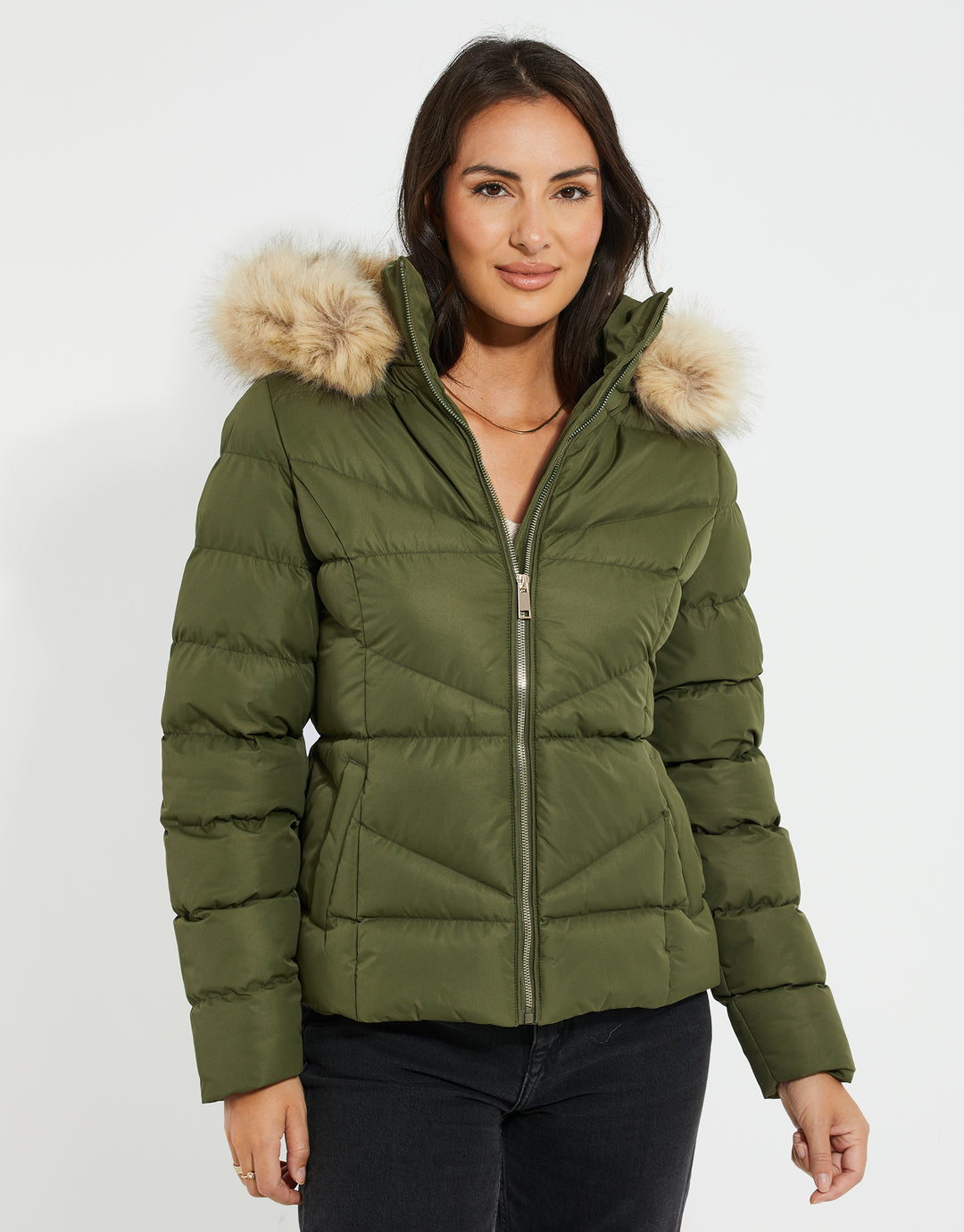 Threadbare Women's Khaki Green Fur Trim Short Length Hooded Puffer