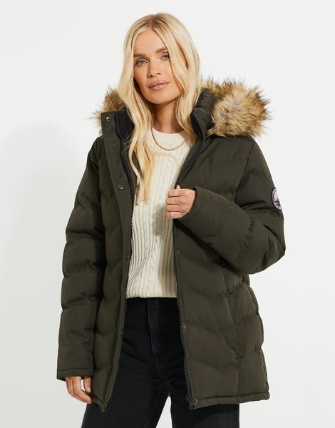Women's Khaki Green Quilted Padded Hooded Coat Ladies' Parka Jacket ...