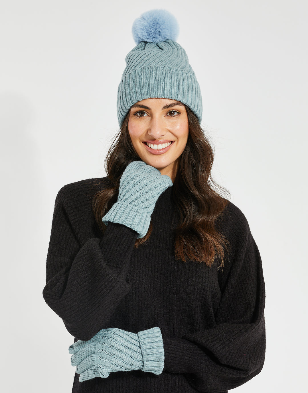 Light Blue Knitted Hat & Gloves (2-Piece Set)