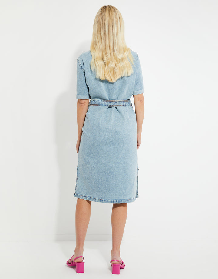Light Blue Wash Midi Denim Shirt Dress