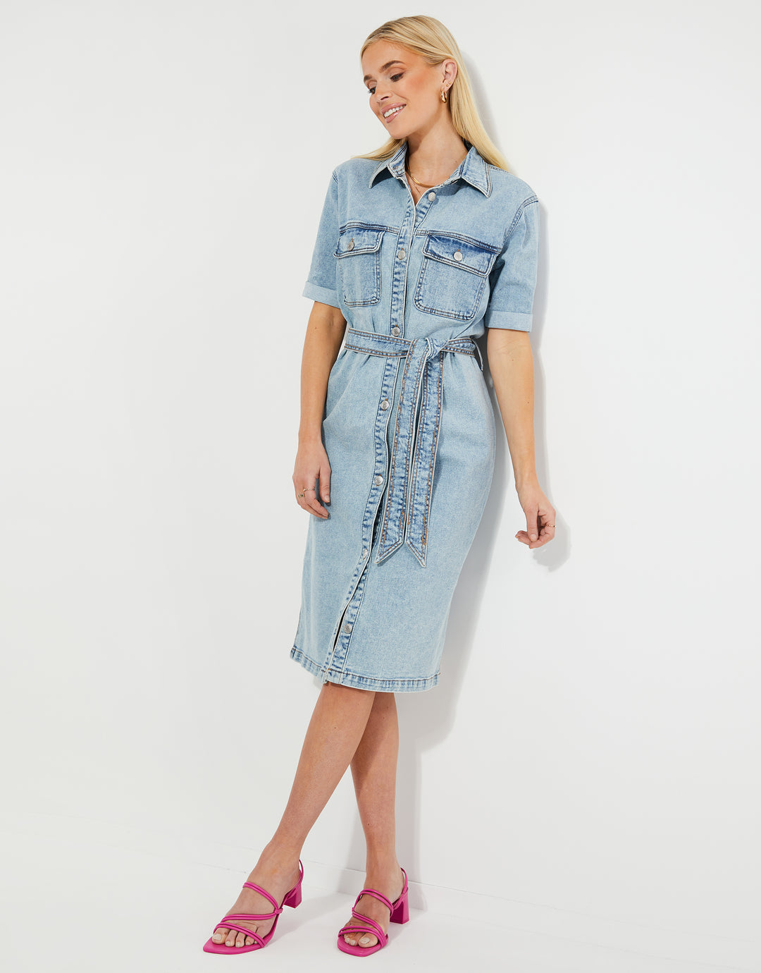 Light Blue Wash Midi Denim Shirt Dress