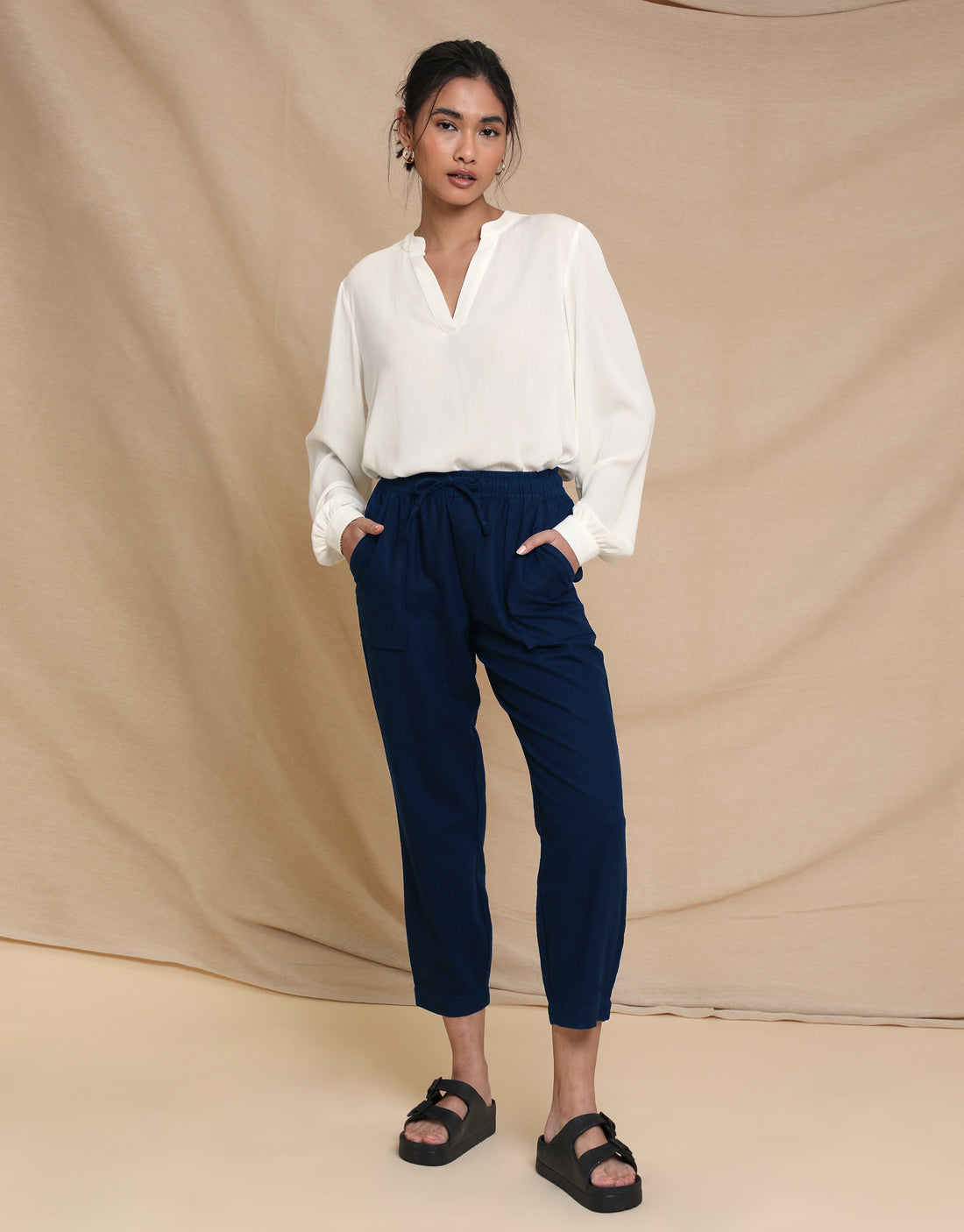Buy SHOWOFF Women's Mid-rise Blue Solid Mom Fit Formal Trousers online