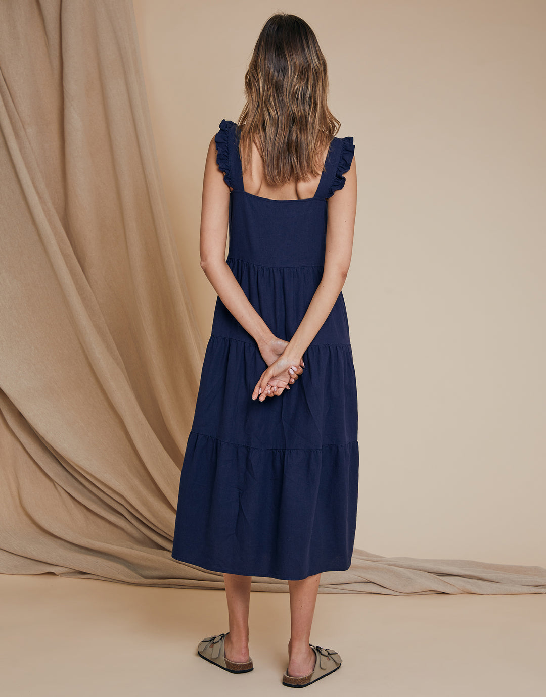 Threadbare Women's Navy Blue Linen Blend Tiered Button Down Midi Dress with Flutter Straps Threadbare Women's Navy Blue Linen Blend Tiered Button Down Midi Dress with Flutter Straps