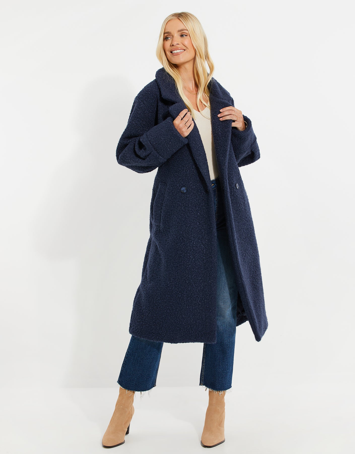 Threadbare Women's Navy Blue Longline Formal Revere Collar Teddy Coat