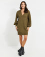 Khaki Green V-Neck Knitted Jumper Dress