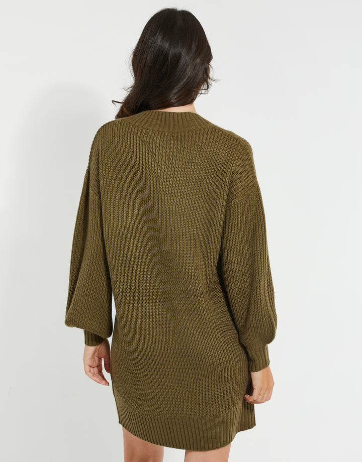 Khaki Green V-Neck Knitted Jumper Dress