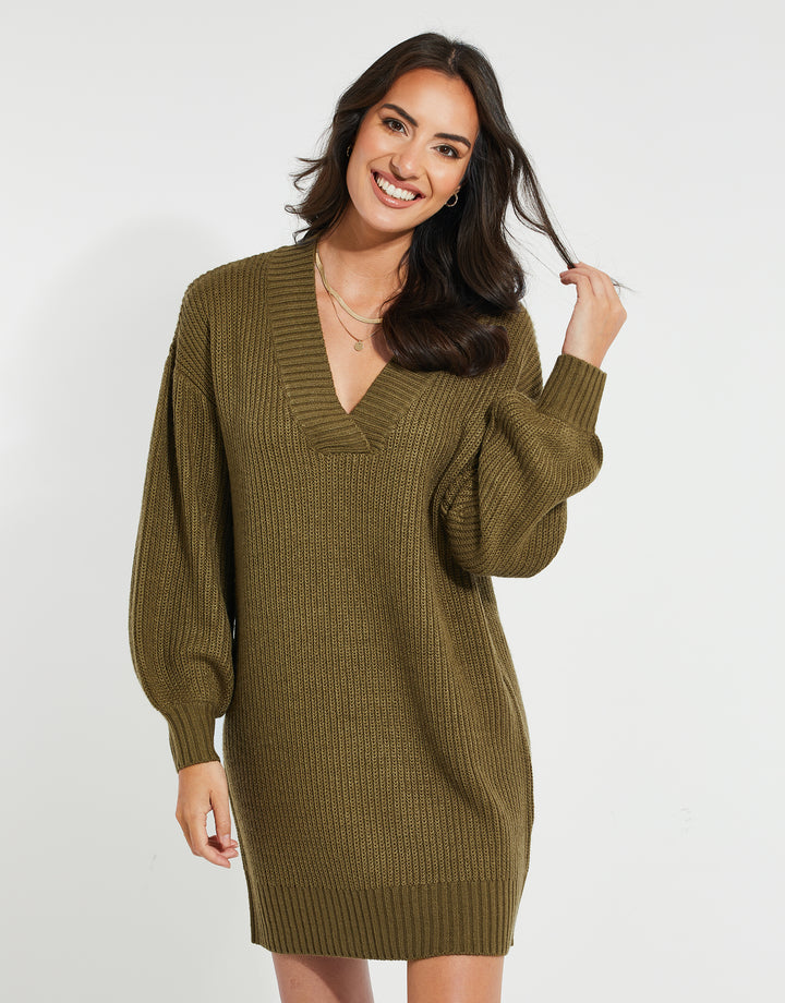 Khaki Green V-Neck Knitted Jumper Dress