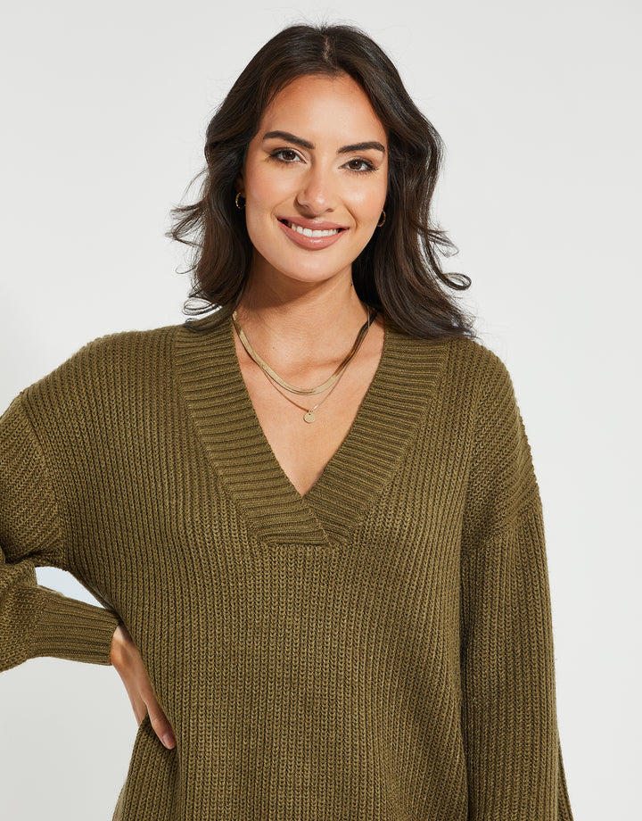 Khaki Green V-Neck Knitted Jumper Dress