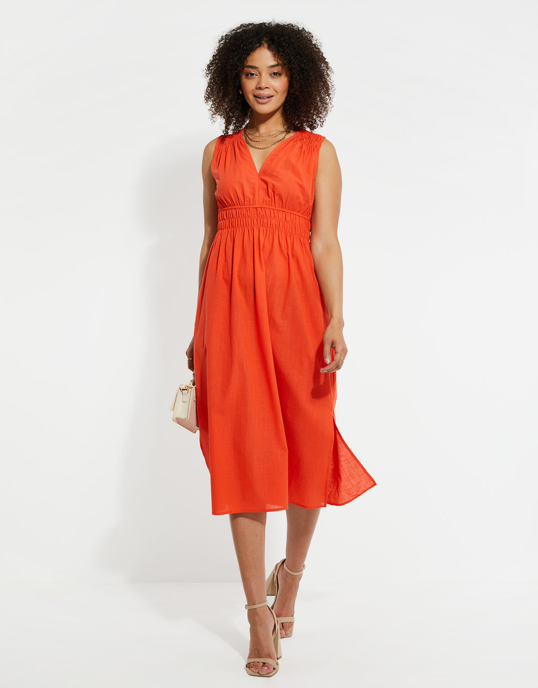 Orange Linen Look Ruched Dress
