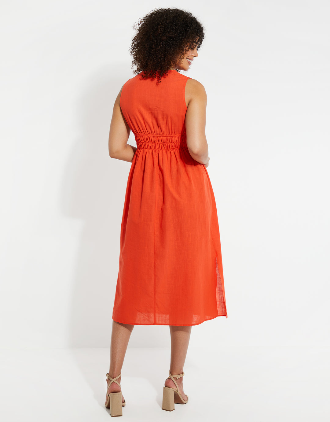 Orange Linen Look Ruched Dress