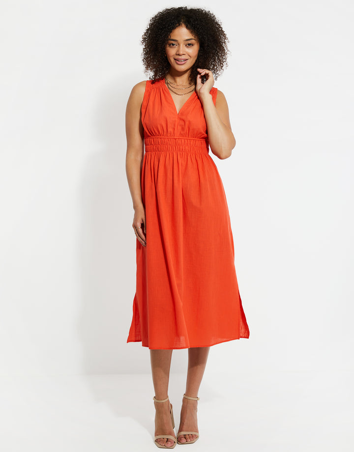 Orange Linen Look Ruched Dress
