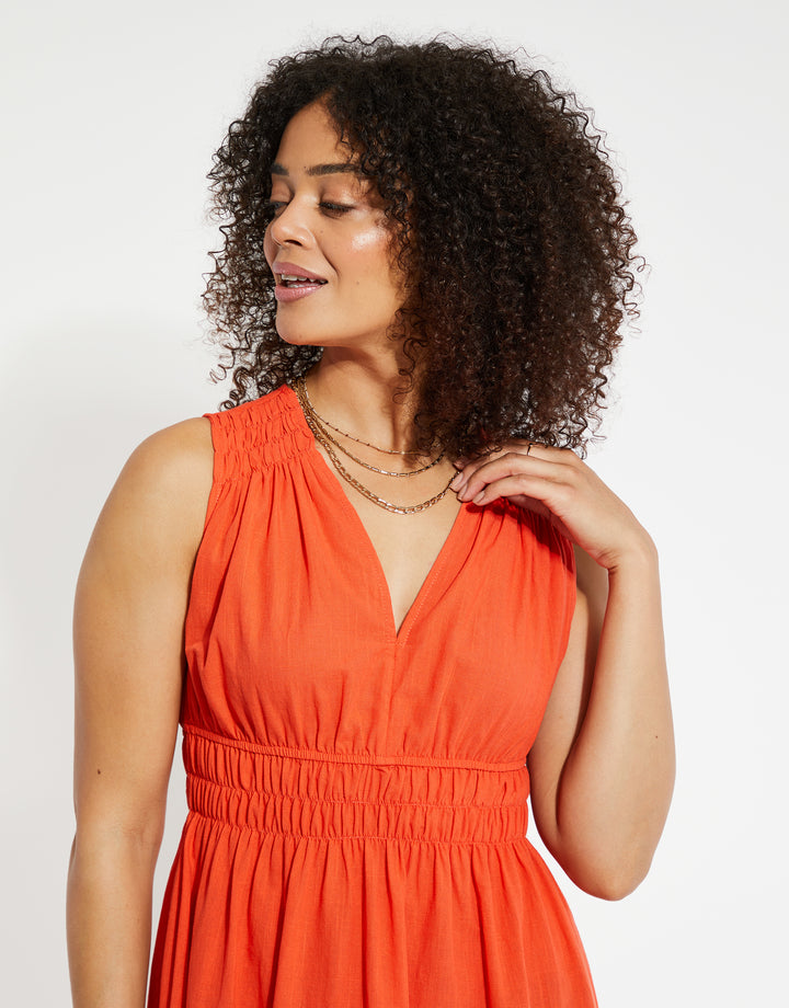 Orange Linen Look Ruched Dress
