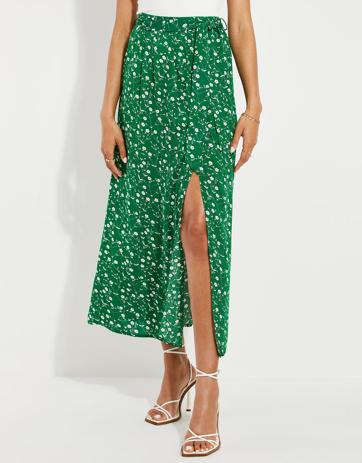 Petite Green Ditsy Floral Print Wrap Midi Skirt