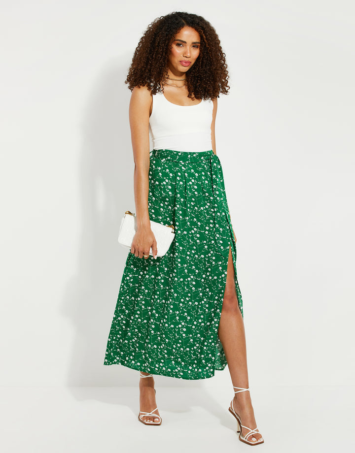 Petite Green Ditsy Floral Print Wrap Midi Skirt