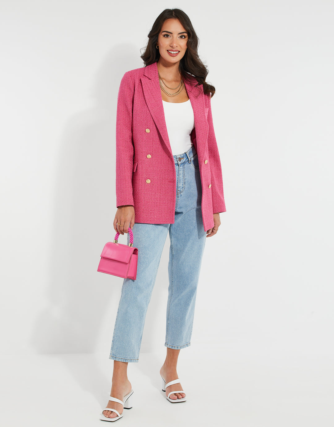 Pink Oversized Double Breasted Bouclé Blazer
