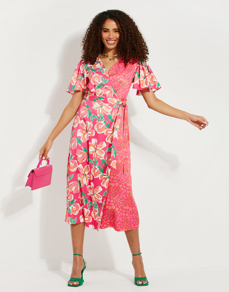 Women's Pink Floral Print Satin Ladies' Midi Wrap Dress – Threadbare