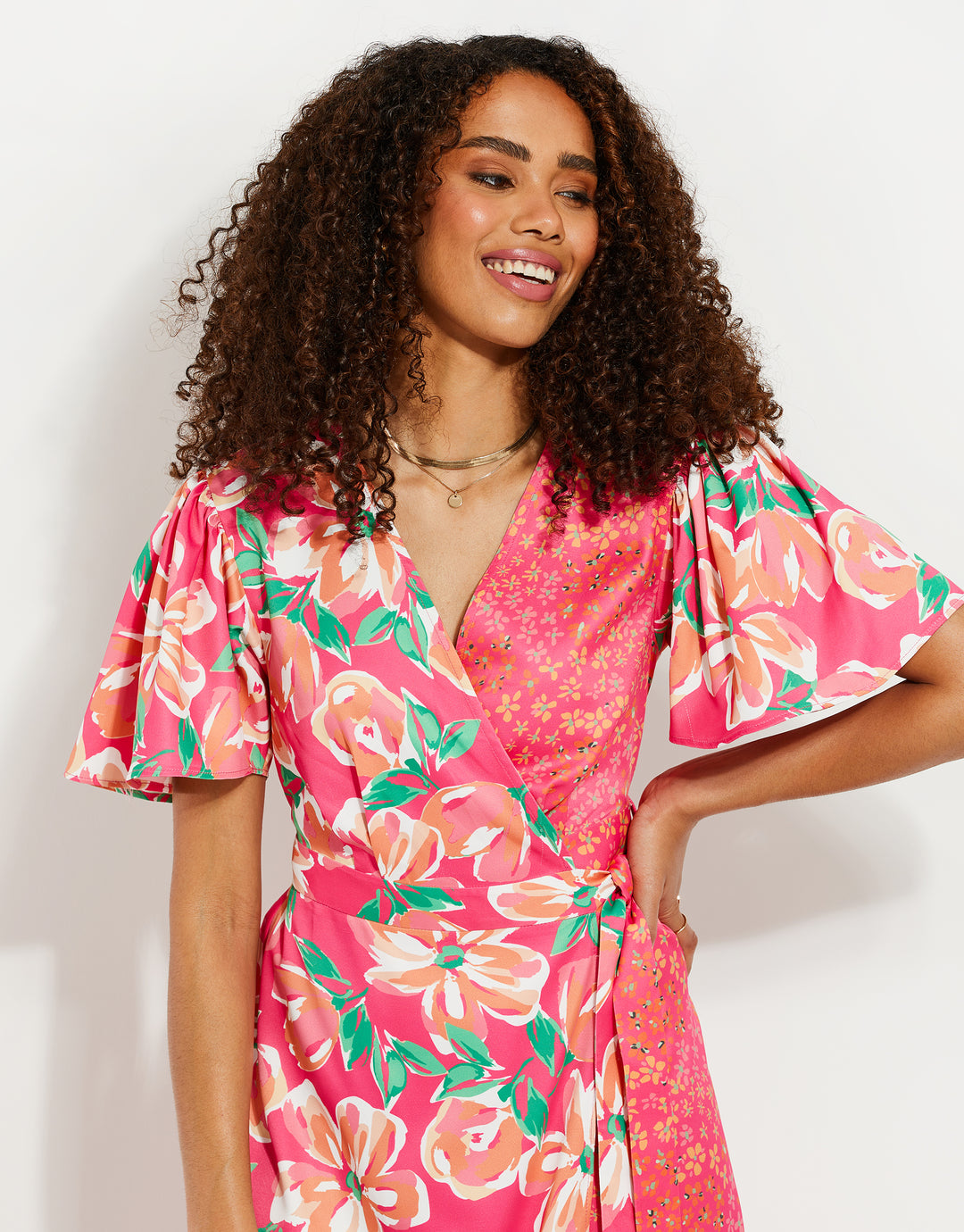 Pink Floral Satin Wrap Dress