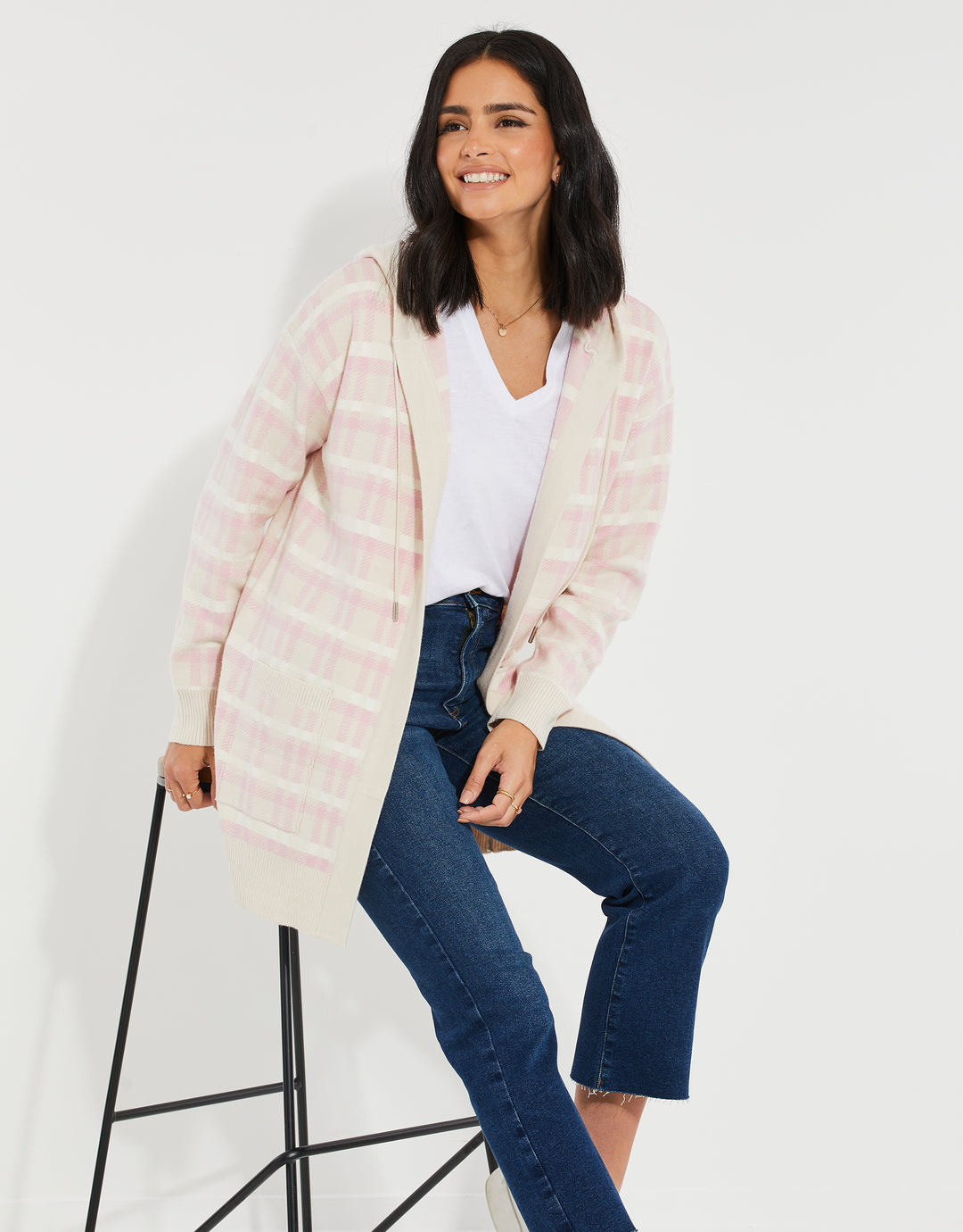 Pink Check Knitted Coatigan