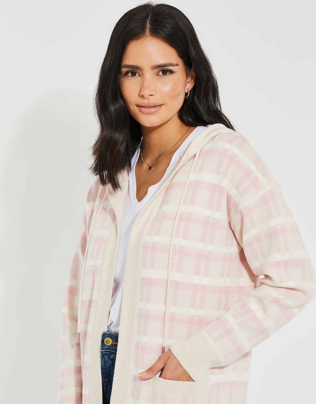 Pink Check Knitted Coatigan