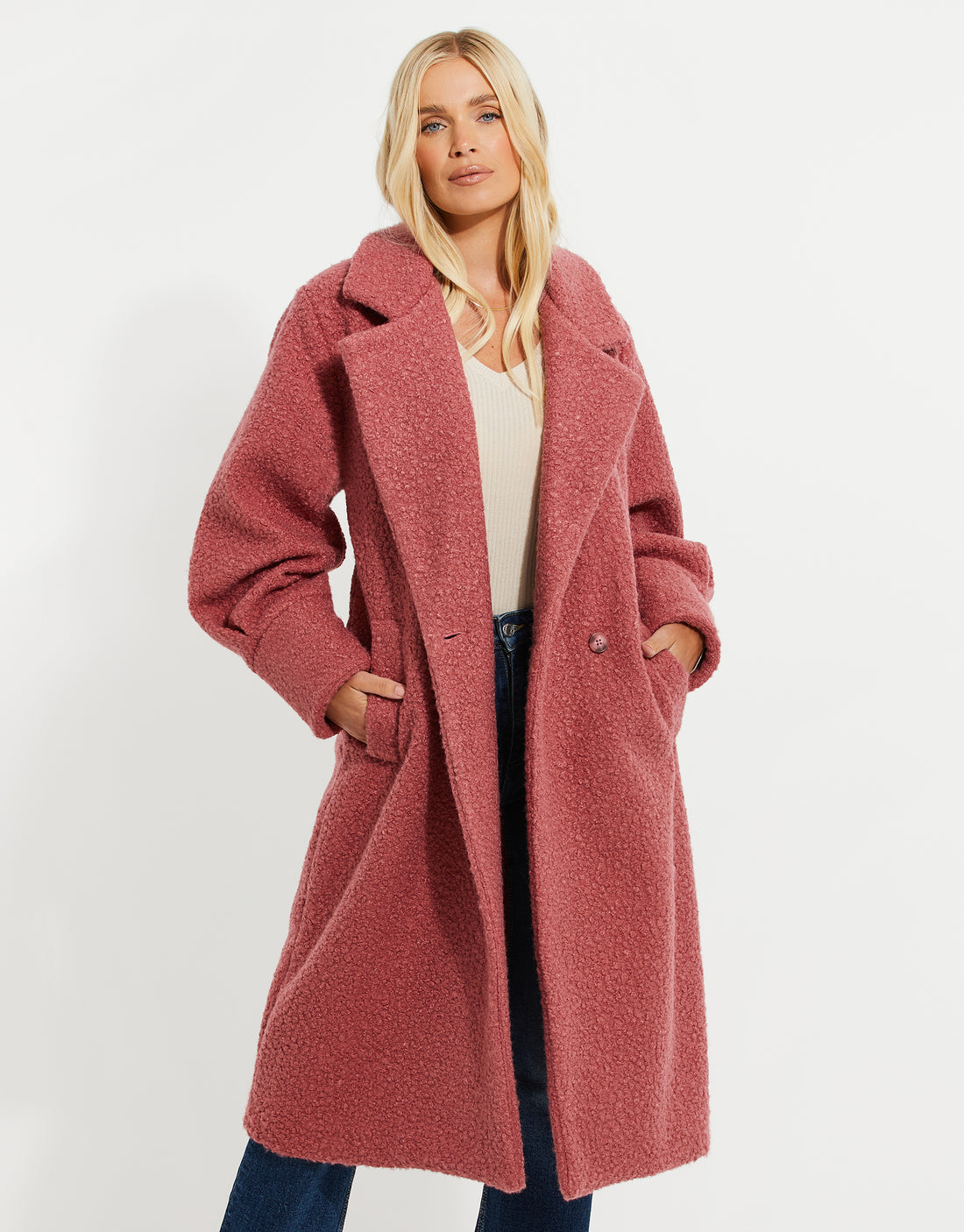 Women's Pink Longline Formal Revere Collar Teddy Coat – Threadbare