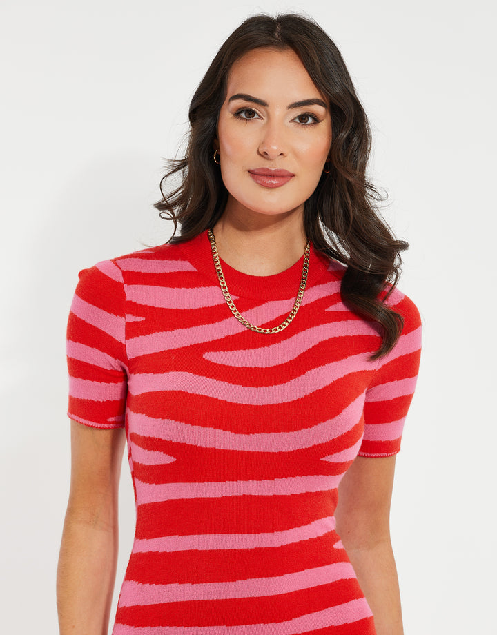 Pink Zebra Print Knitted Dress