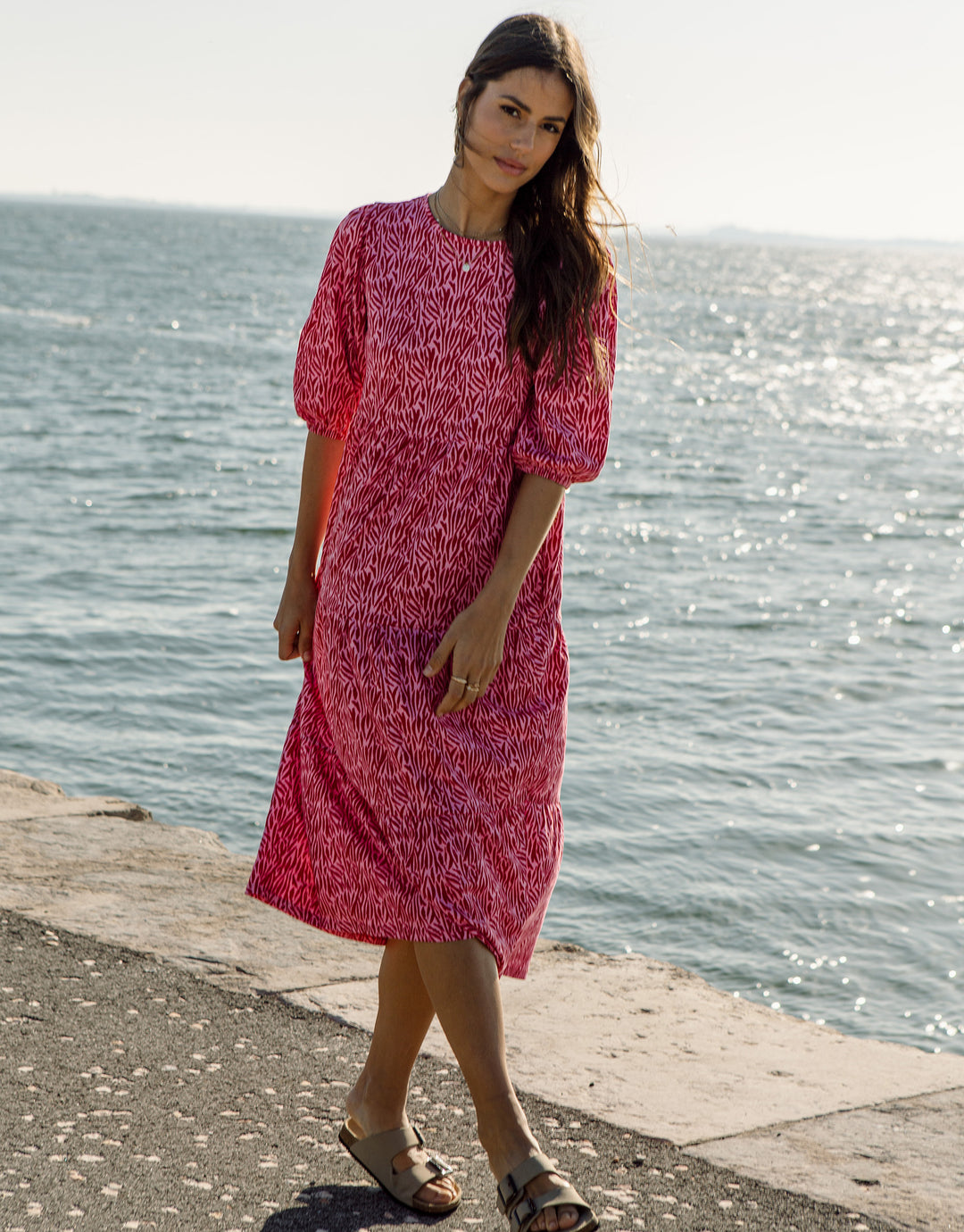 Threadbare Women's Pink Zebra Print Smock Style Tiered Jersey Ladies' Midi Dress Threadbare Women's Pink Zebra Print Smock Style Tiered Jersey Ladies' Midi Dress