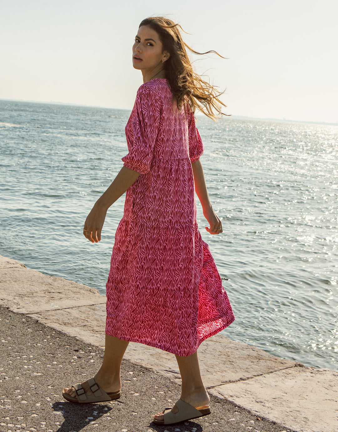 Pink Zebra Print Tiered Midi Dress