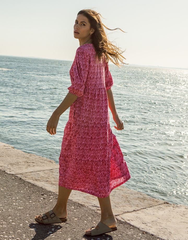 Pink Zebra Print Tiered Midi Dress