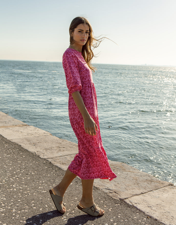 Pink Zebra Print Tiered Midi Dress