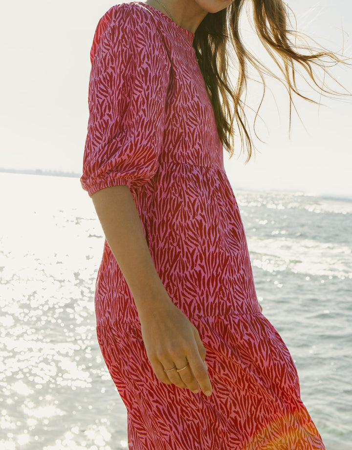 Pink Zebra Print Tiered Midi Dress