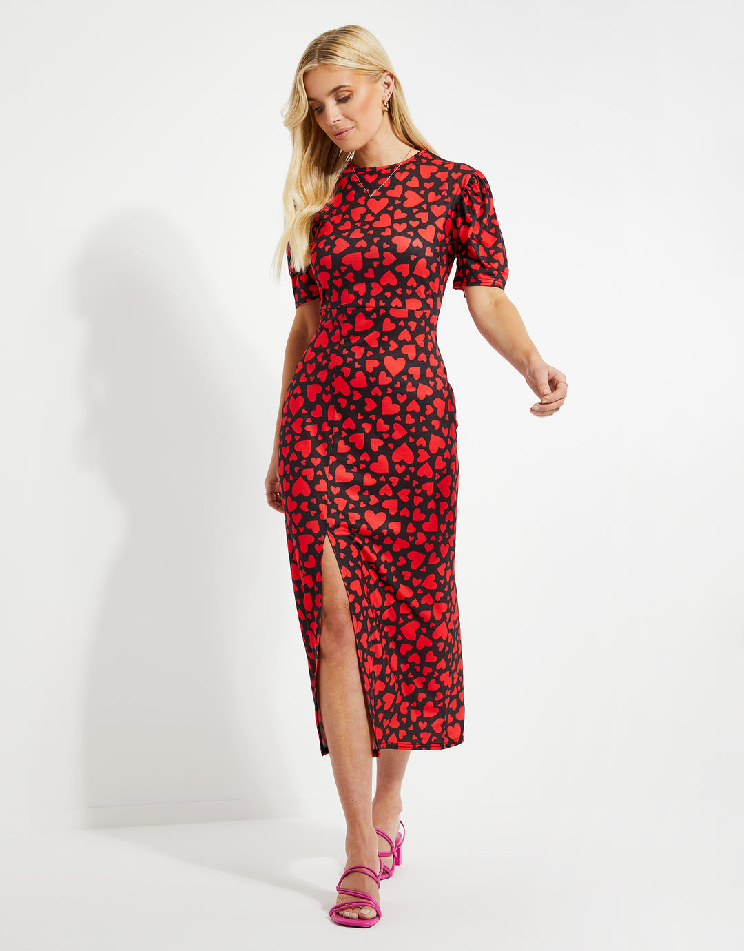 Threadbare Women's Red Heart Print Ladies' Jersey Side Split Midi Dress Threadbare Women's Red Heart Print Ladies' Jersey Side Split Midi Dress