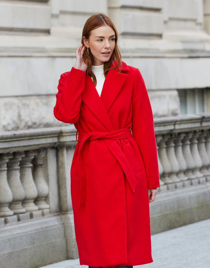 Red Collared Belted Formal Coat